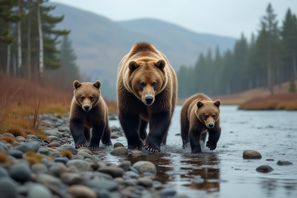Ourse grizzly avec ses petits dans la taiga russe