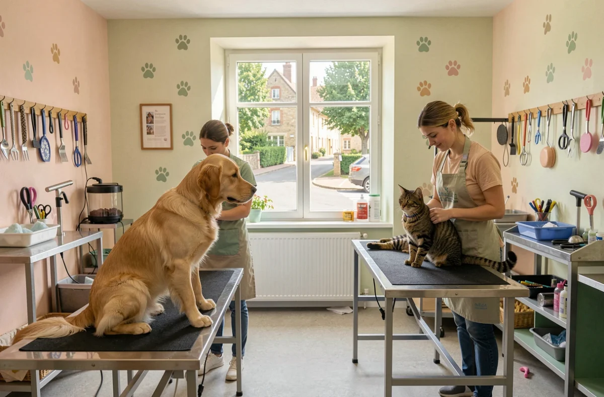 Intérieur d'un salon de toilettage accueillant en Centre-Val de Loire avec un chien et un chat soignés par deux toiletteurs professionnels