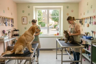 Intérieur d'un salon de toilettage accueillant en Centre-Val de Loire avec un chien et un chat soignés par deux toiletteurs professionnels