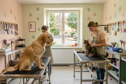 Intérieur d'un salon de toilettage accueillant en Centre-Val de Loire avec un chien et un chat soignés par deux toiletteurs professionnels
