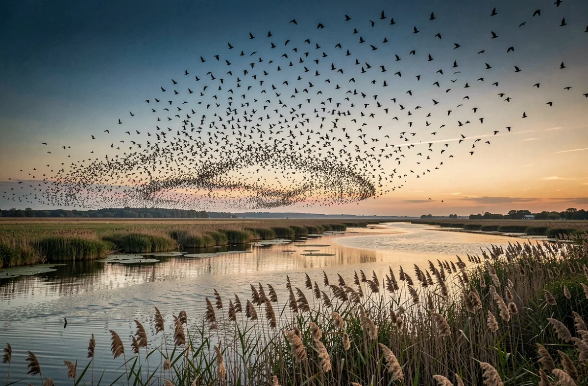 Nuée d'étourneaux en vol murmurant au-dessus d'un estuaire au crépuscule, symbolisant la migration et la transition saisonnière