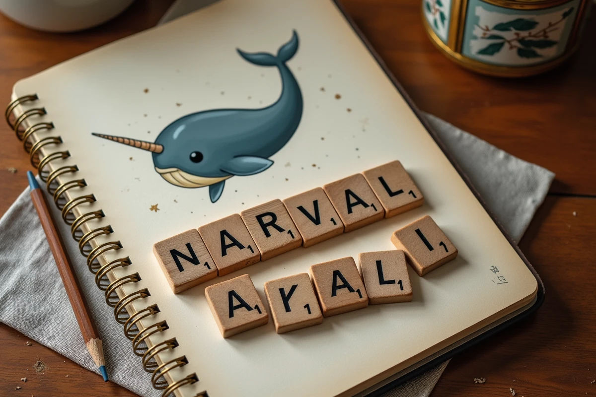 Tuiles de lettres en bois épelant NARVAL avec une figurine de narval sur une table en chêne rustique, illustration pour un article sur les jeux de lettres et le petit bac