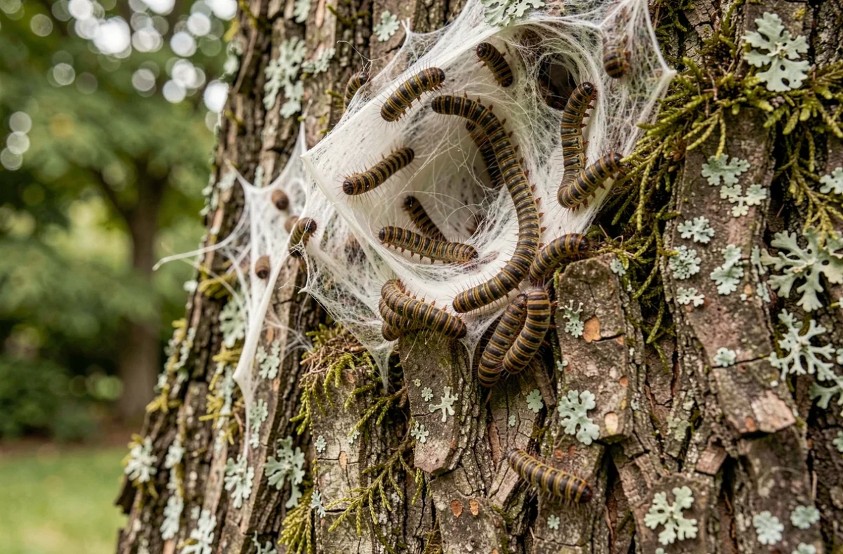 Nid de chenilles processionnaires du chêne regroupées sur un tronc d'arbre au jardin