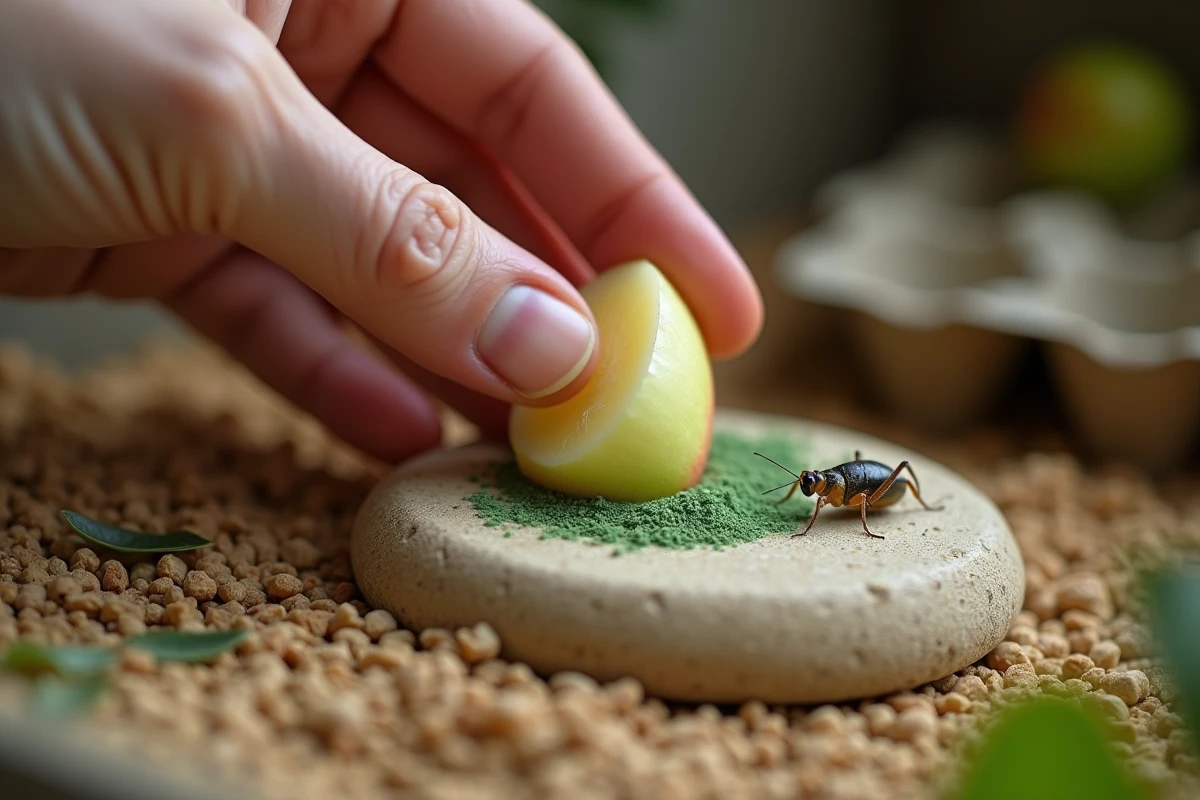 Main humaine nourrissant un grillon d'ornement avec un morceau de pomme et de la spiruline dans un enclos