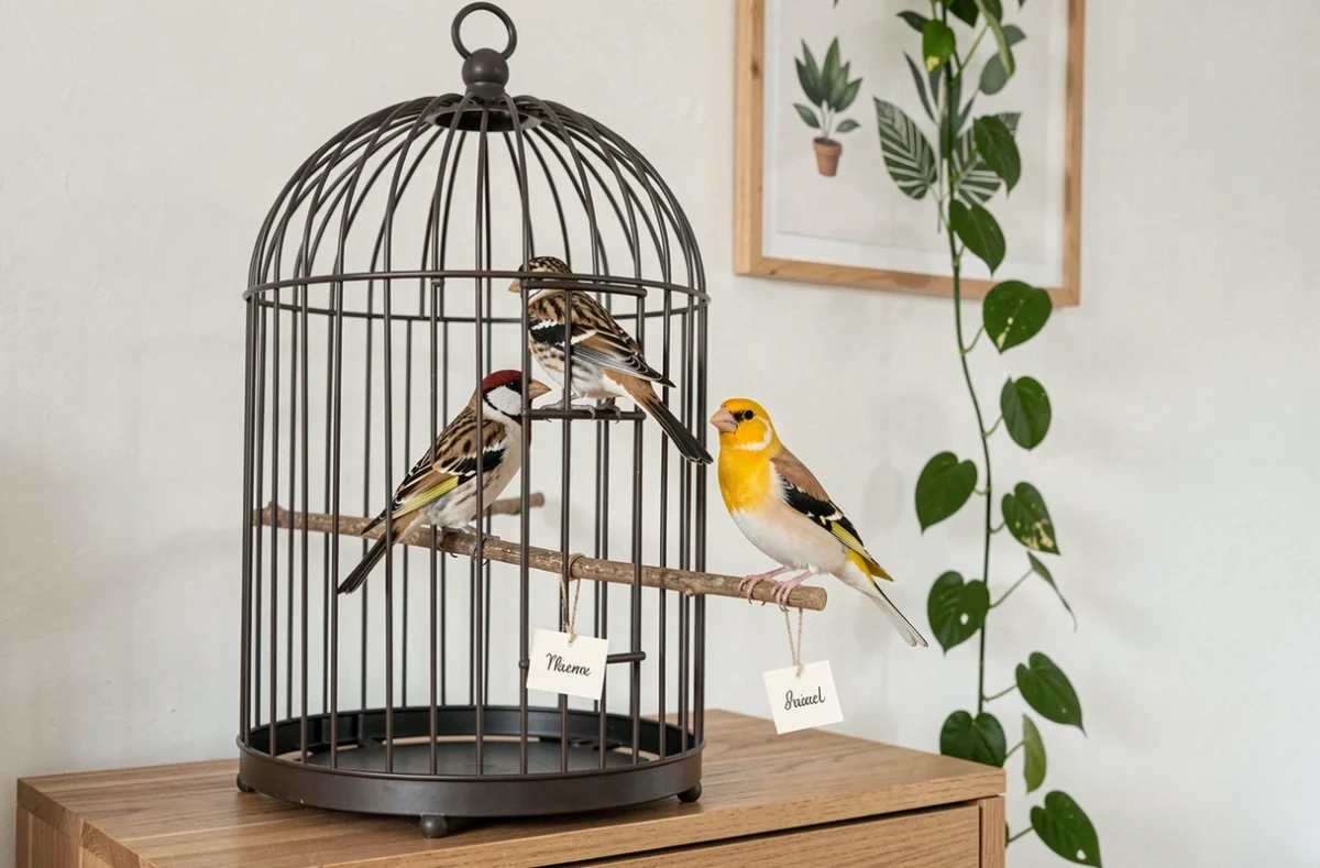 Trois oiseaux de différentes espèces perchés dans une cage décorée d'étiquettes de prénoms dans un appartement minimaliste