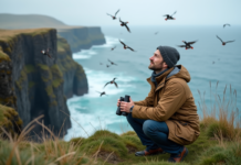 La faune islandaise : un paradis pour les ornithologues Ornithologue homme observant la côte islandaise avec des puffins