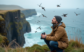 La faune islandaise : un paradis pour les ornithologues Ornithologue homme observant la côte islandaise avec des puffins