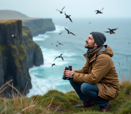 La faune islandaise : un paradis pour les ornithologues Ornithologue homme observant la côte islandaise avec des puffins