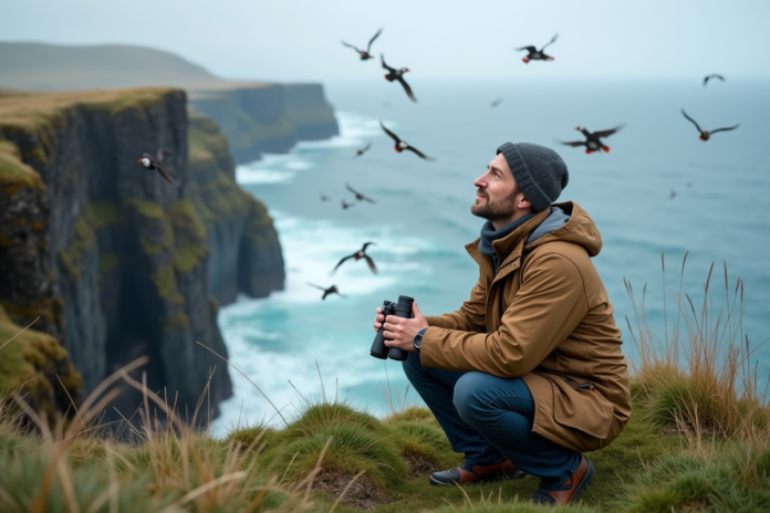 oiseleur-homme-cote-islandoise Ornithologue homme observant la côte islandaise avec des puffins