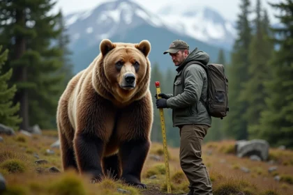 Biologiste adulte face à un ours grizzly en forêt d'Alaska