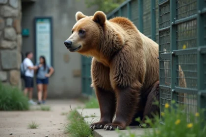 Ours grizzly adulte dans un enclos moderne au zoo