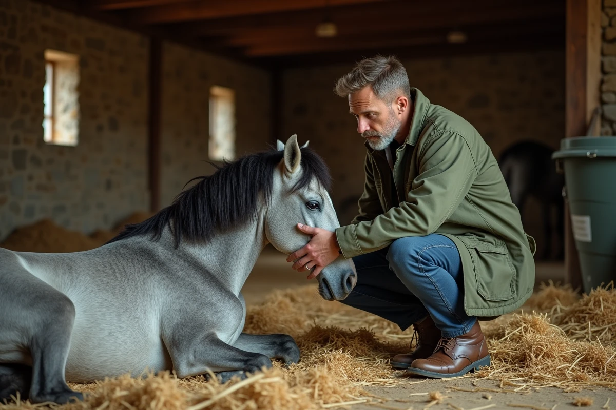 Palefrenier inquiet aux côtés d'un cheval allongé dans une grange, maladies fréquentes du cheval