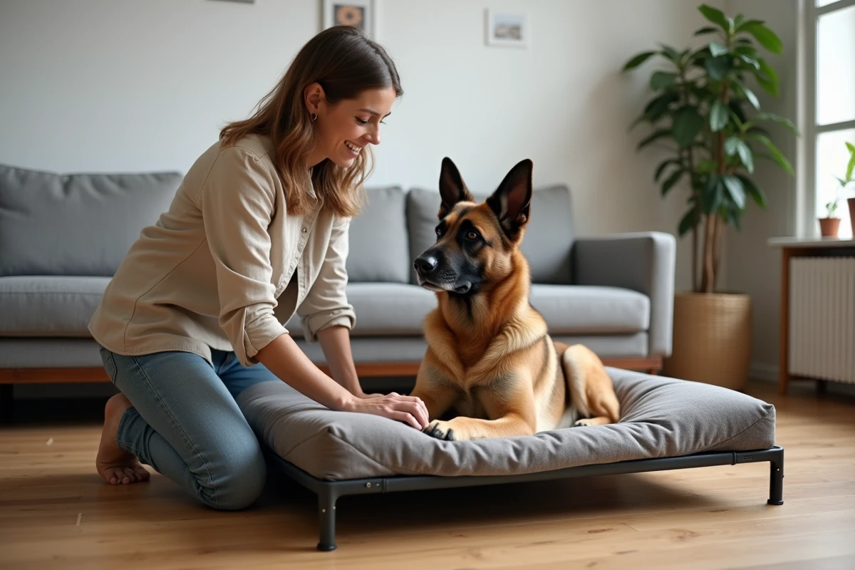 Femme inspectant un panier renforcé anti-mâchonnement avec son berger allemand dans un salon