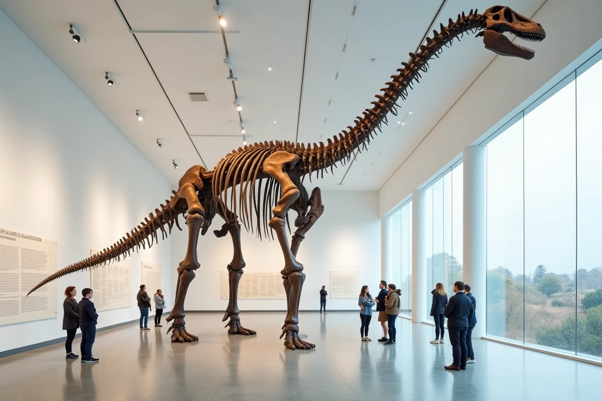 Squelette monté de Patagotitan mayorum dans un musée moderne avec des visiteurs adultes illustrant la taille colossale de ce titanosaure argentin