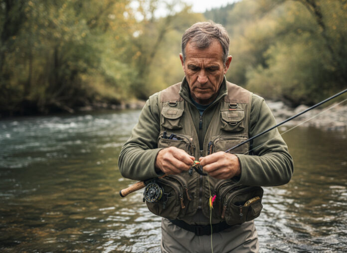 pecheur-riviere-hyperrealiste Homme pêcheur en veste technique au bord de la rivière