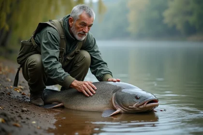 Pêcheur agenouillé tenant un silure géant au bord d'une rivière européenne, technique de pêche au silure record du monde