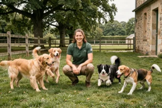 Une éducatrice canine entourée de chiens de races variées dans le jardin d'une pension canine en Île-de-France