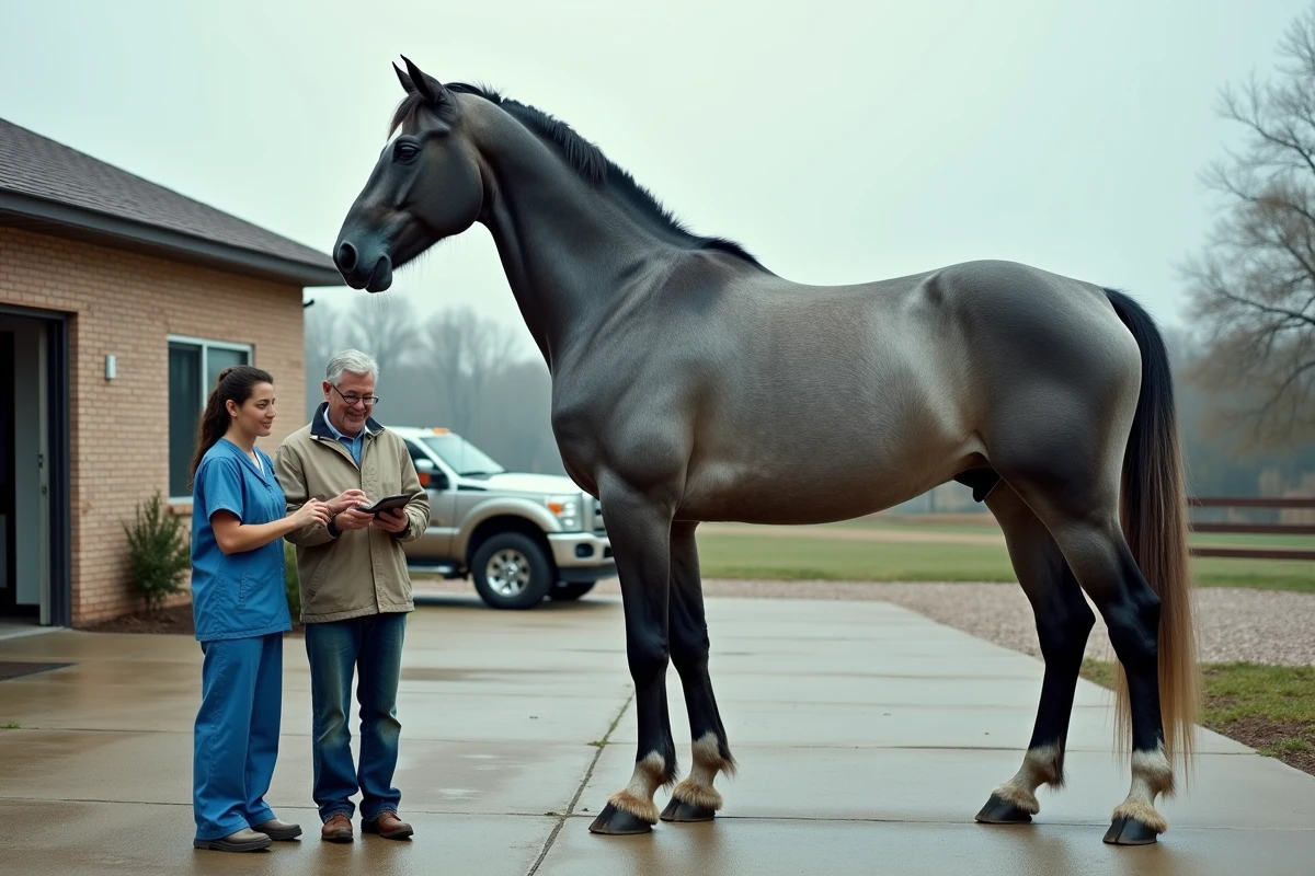 Deux vétérinaires discutant du cas d'un cheval Percheron de grande taille devant une clinique vétérinaire rurale, soulignant sa morphologie hors norme