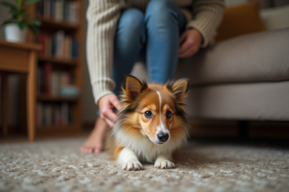 Jeune shetland sheepdog timide derrière une femme dans un salon