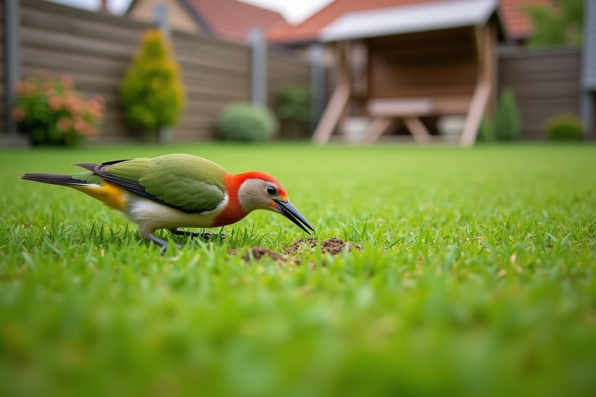 Pic vert cherchant des fourmis dans une pelouse de jardin suburban montrant son comportement alimentaire naturel