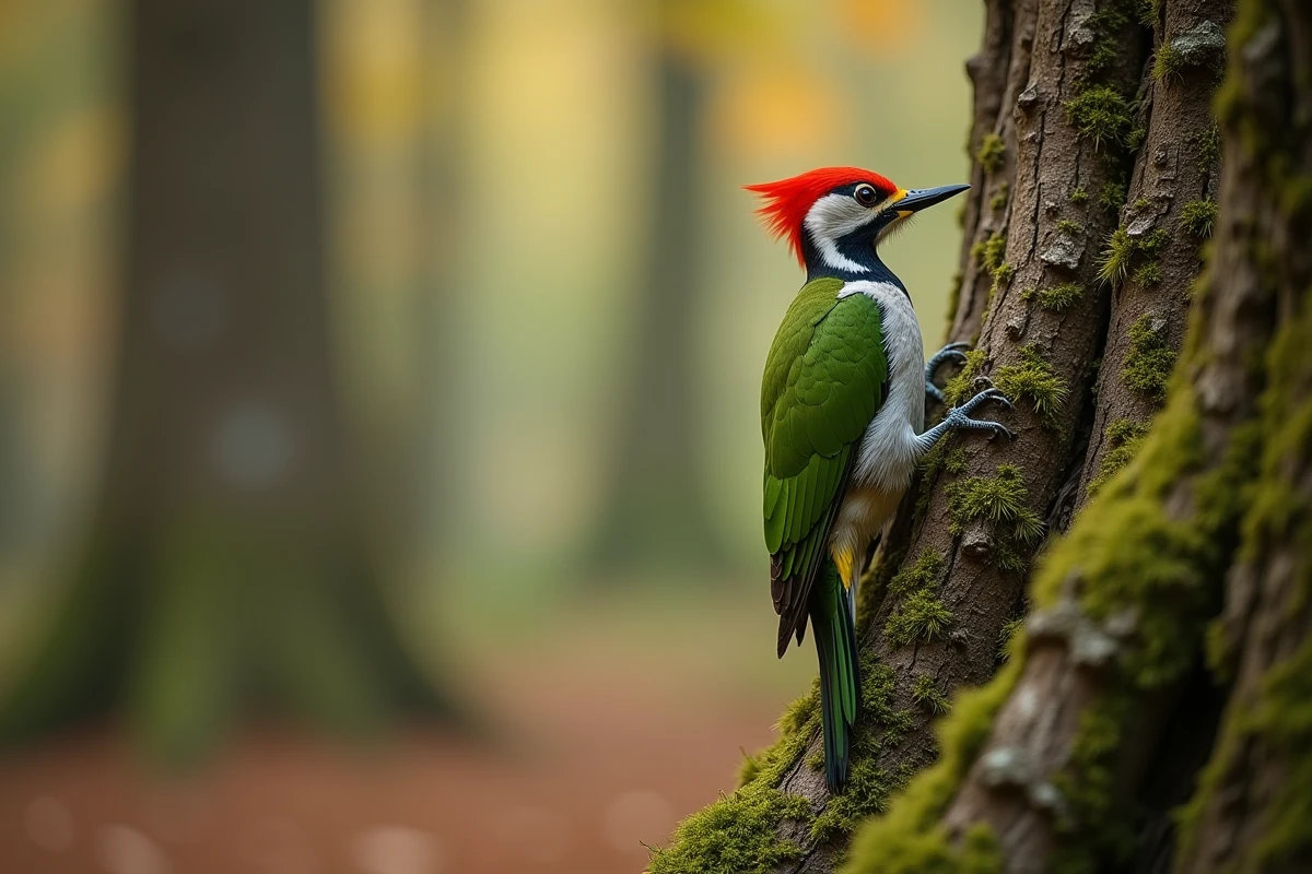 Pic vert perché sur un tronc de chêne montrant son plumage vert vif et sa calotte rouge distinctive en forêt tempérée