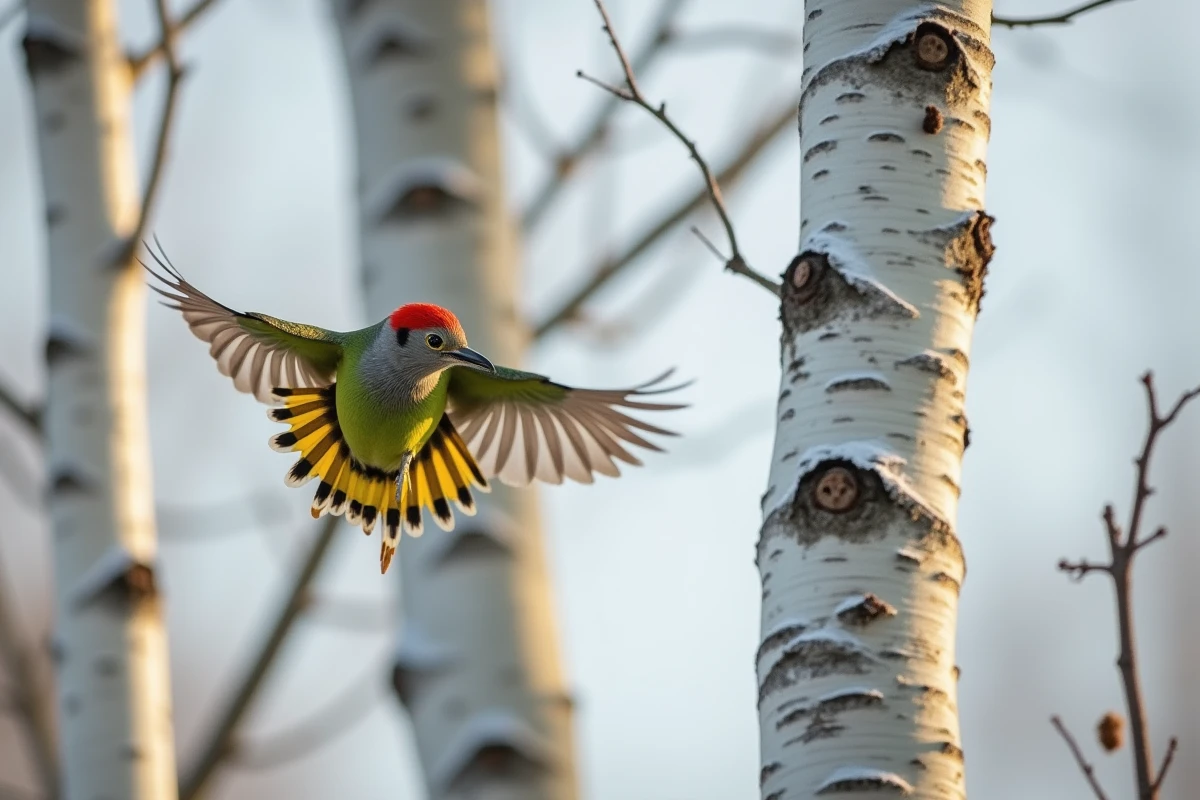 Pic vert en plein vol entre deux bouleaux révélant son croupion jaune-vert et ses ailes déployées en lisière de forêt