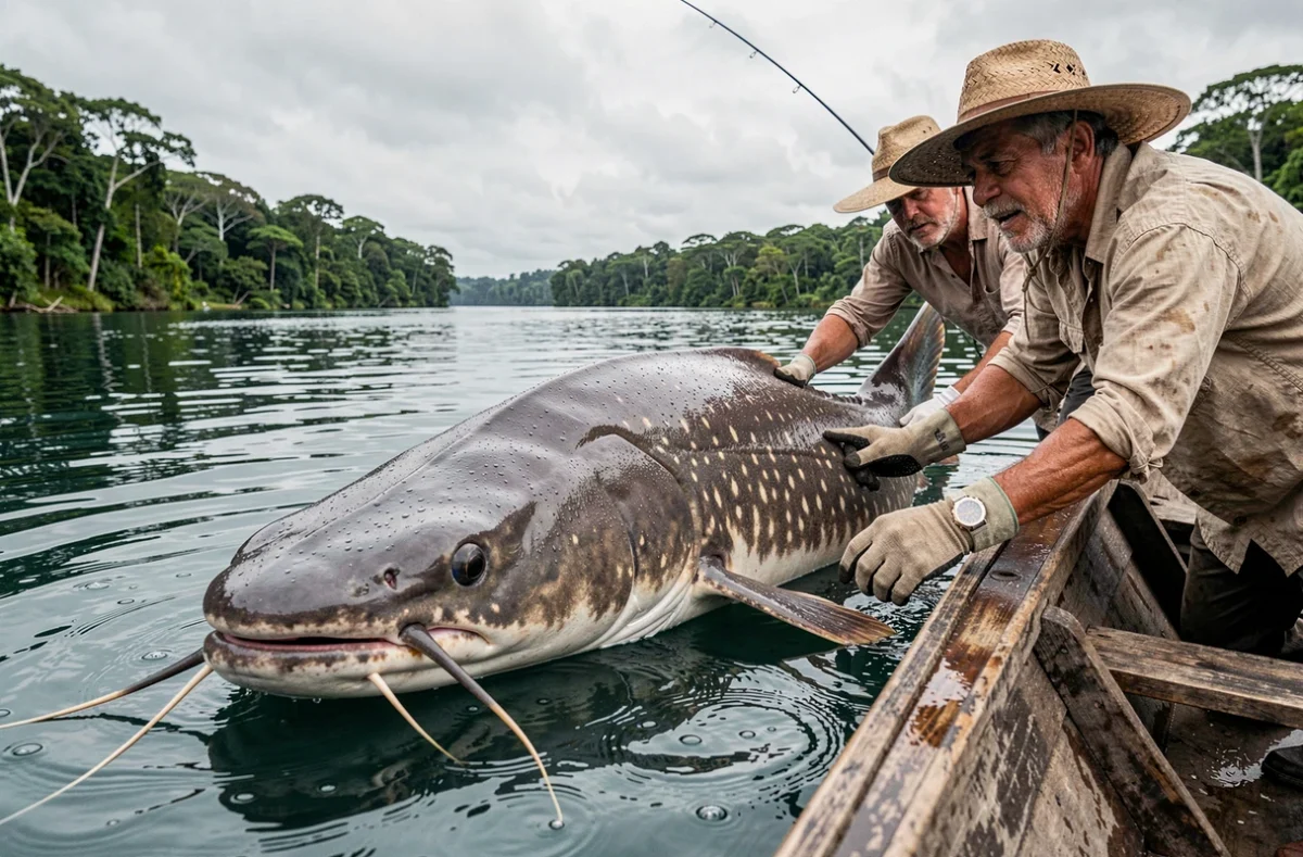Énorme silure piraiba sortant de l'eau aux côtés d'une pirogue amazonienne tenu par deux pêcheurs lors d'une session de pêche extrême