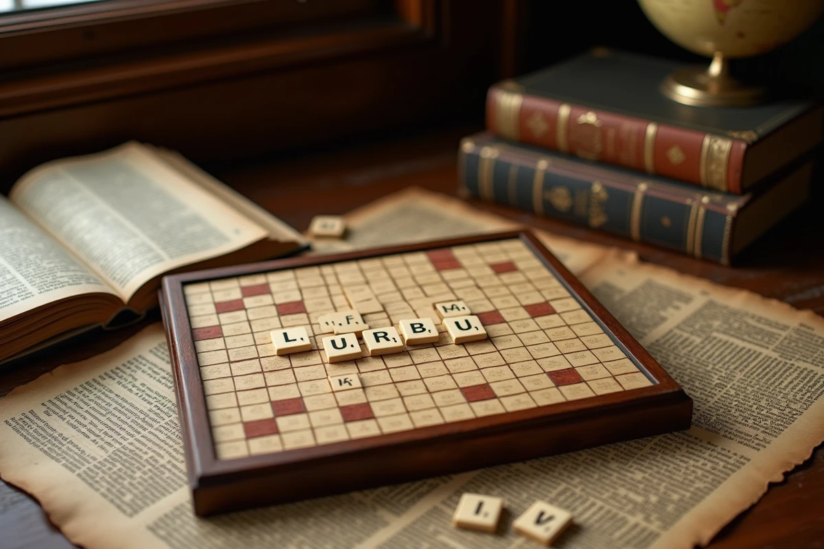 Plateau de mots croisés en bois avec des lettres formant le mot URUBU, animal en U