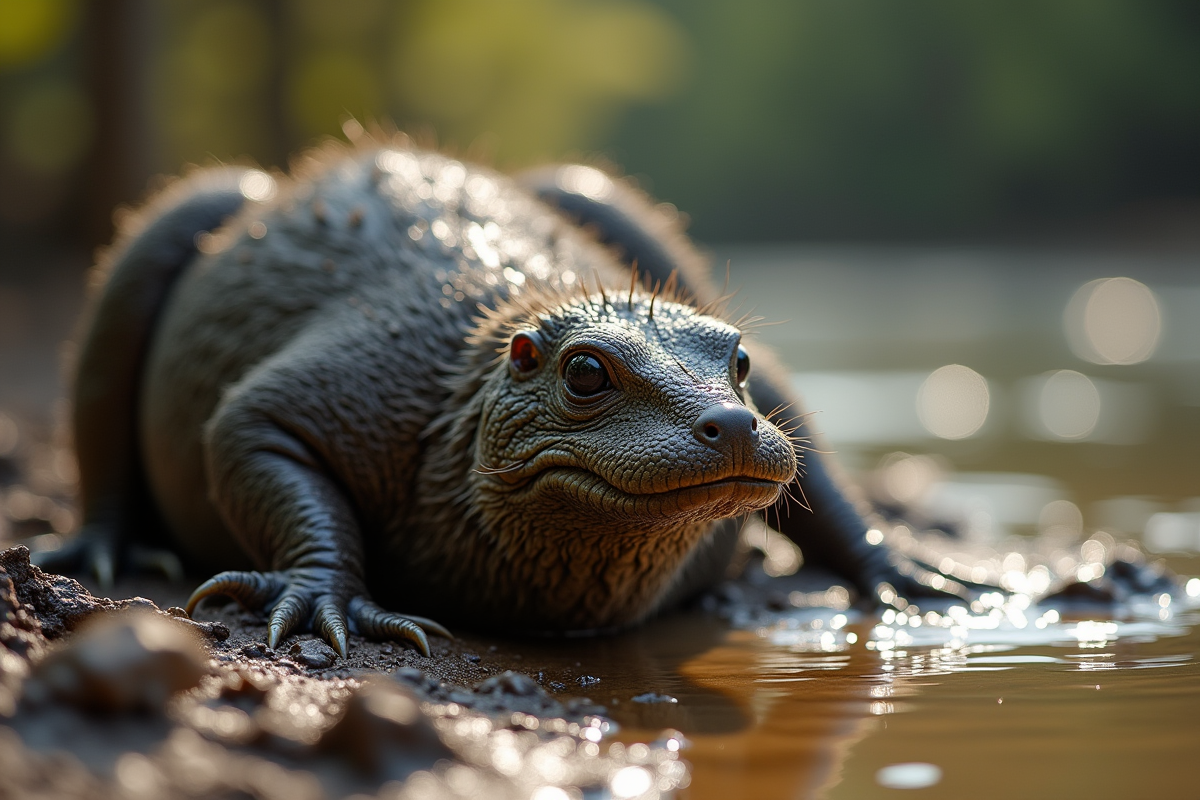 Platypus reposant sur la rive boueuse au matin