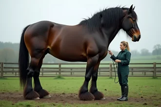 Vétérinaire examinant un immense cheval de trait Shire dans un pré, illustrant la taille exceptionnelle du plus gros cheval du monde