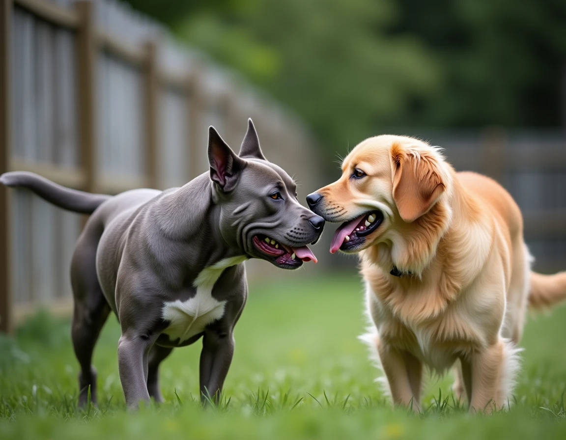 Pocket American Bully reniflant un golden retriever dans un parc canin clôturé, démontrant une socialisation interchiens positive et détendue