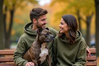 Pocket American Bully assis calmement à côté de sa propriétaire sur un banc de parc en automne, illustrant une socialisation réussie entre chien et humain