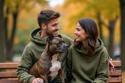 Pocket American Bully assis calmement à côté de sa propriétaire sur un banc de parc en automne, illustrant une socialisation réussie entre chien et humain