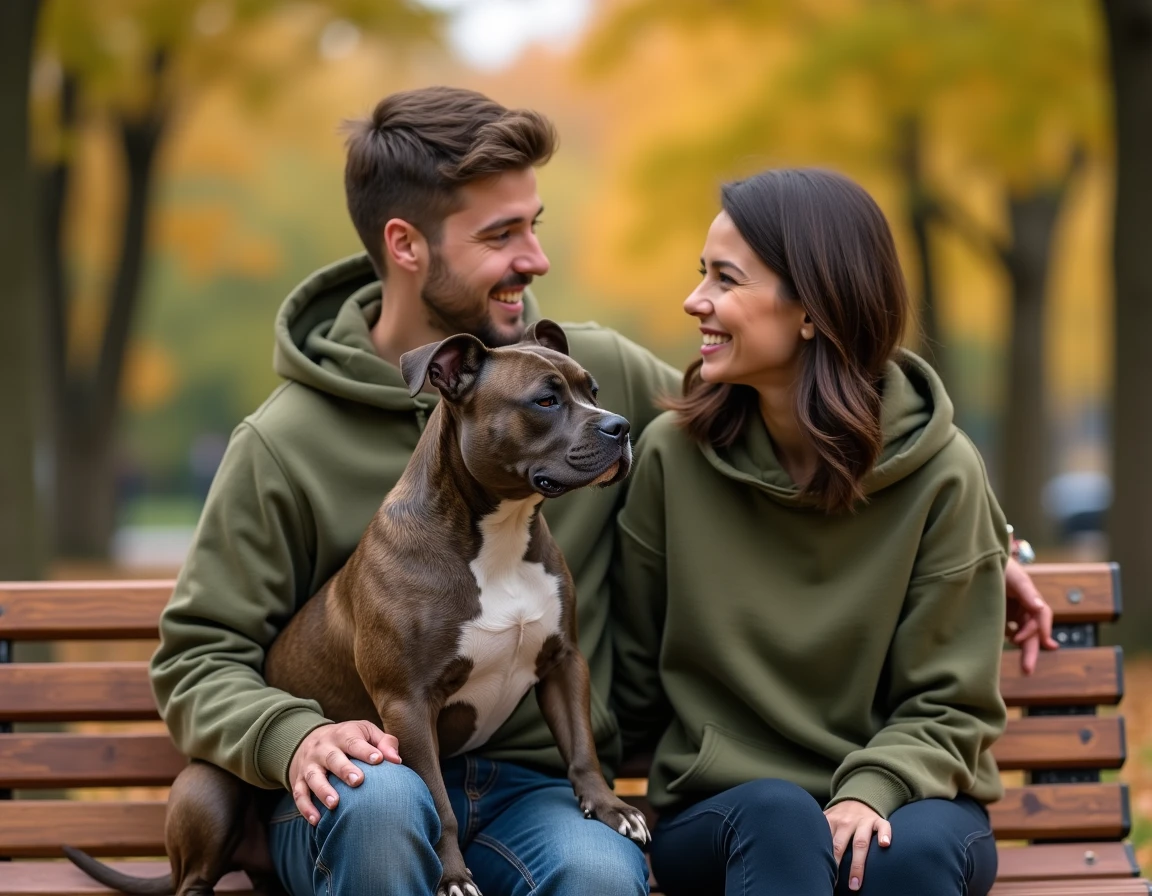 Pocket American Bully assis calmement à côté de sa propriétaire sur un banc de parc en automne, illustrant une socialisation réussie entre chien et humain
