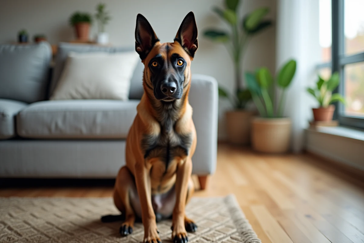 Portrait intérieur d'un malinois croisé staff assis dans un salon moderne, regard intense illustrant le caractère vigilant et intelligent du chien hybride