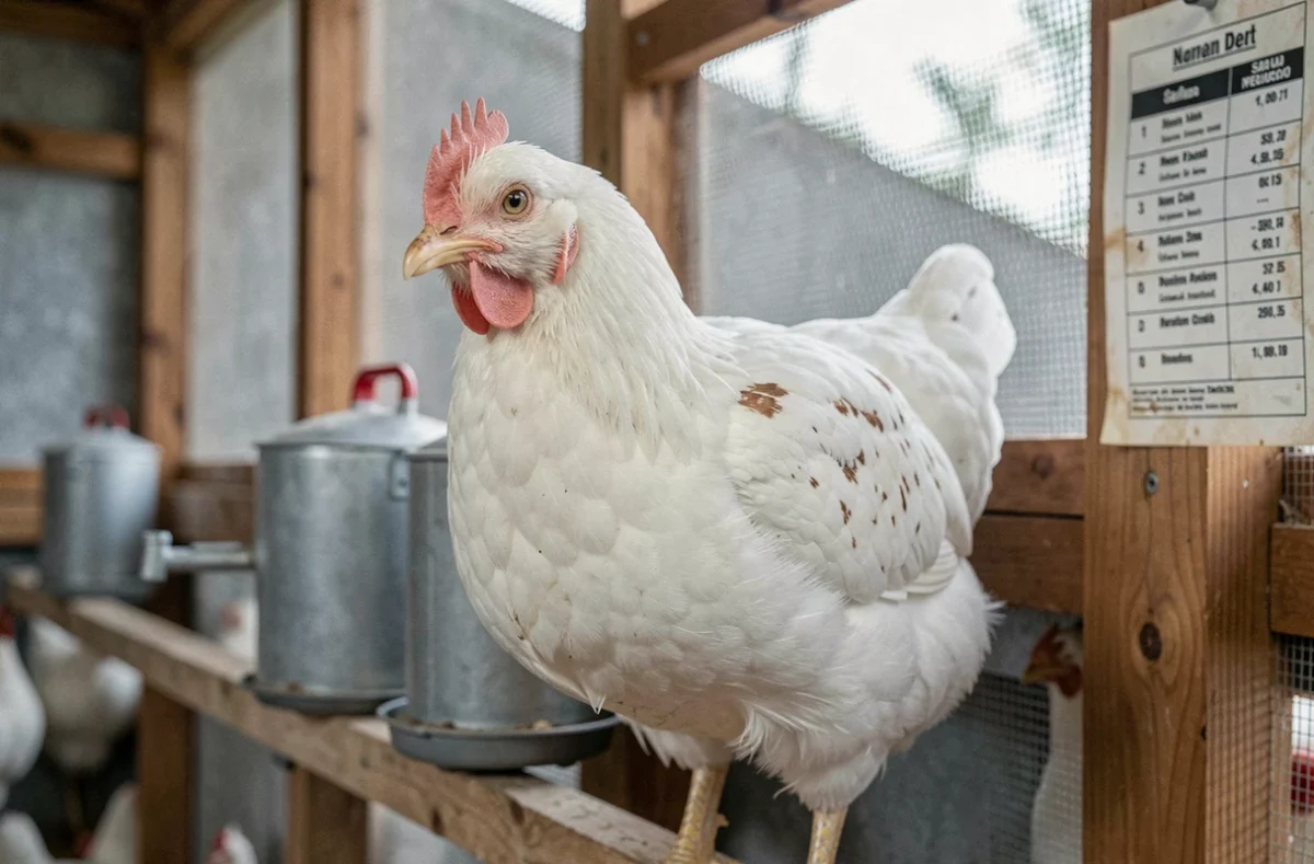 Portrait d'une vieille poule Leghorn blanche vieillissante sur un perchoir dans un élevage semi-commercial