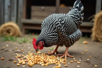 Poule Plymouth Rock picorant des grains et vers séchés dans une basse-cour rustique pour une ponte optimale