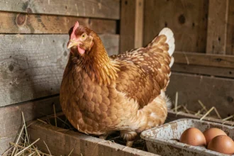 Poule pondeuse ISA Brown mature dans un poulailler rustique avec des œufs dans le pondoir en bois