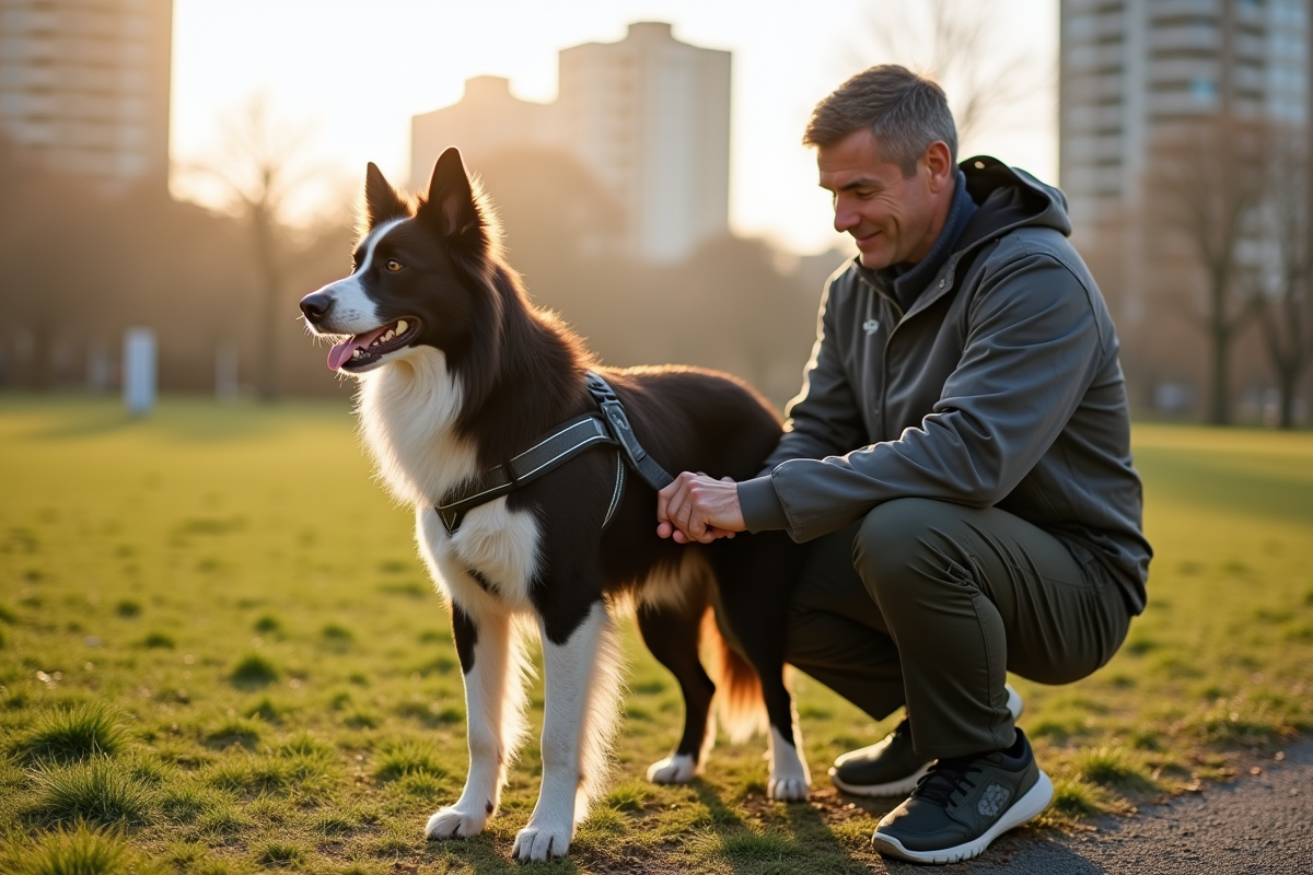 Homme et chien en urban park lors de l