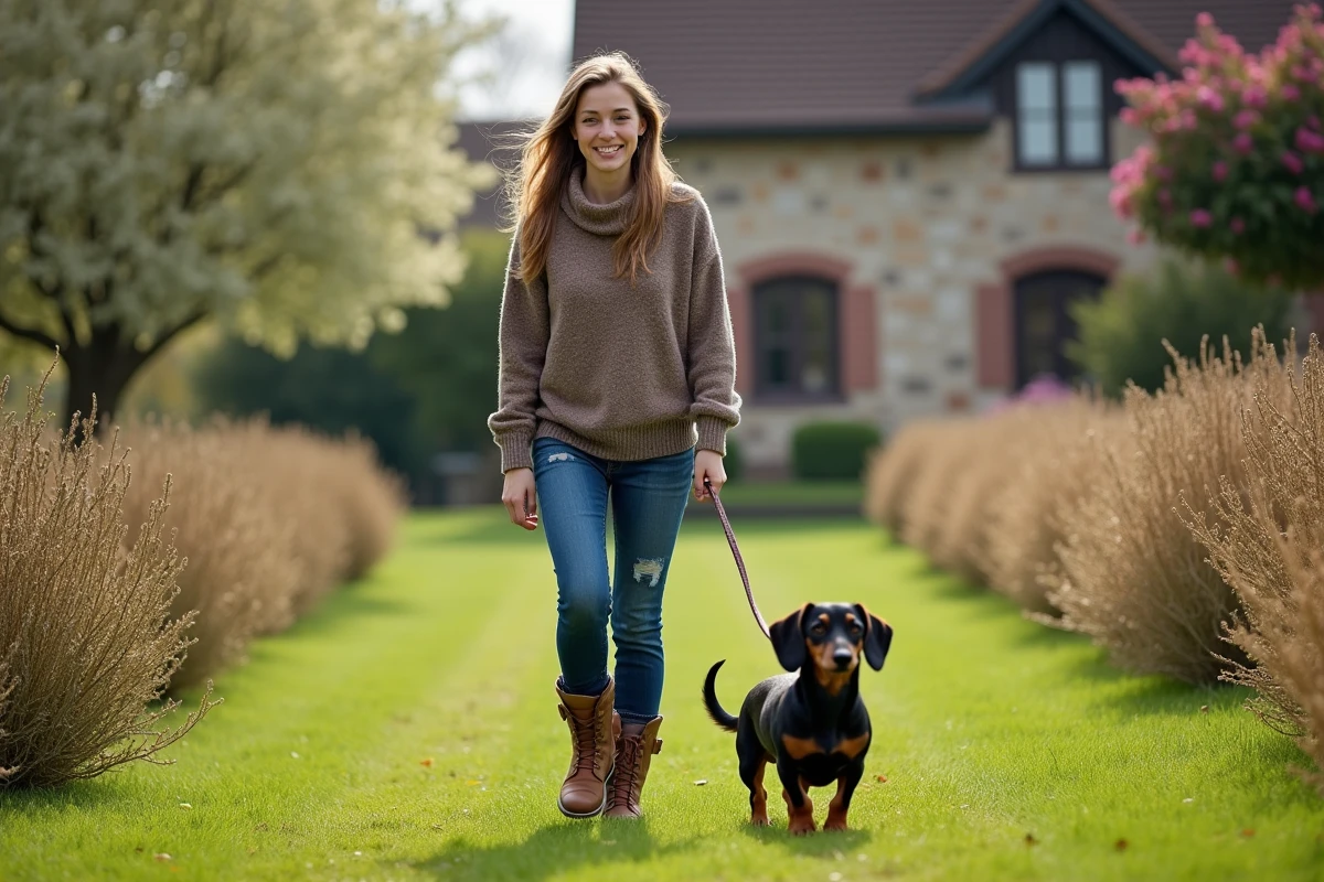 Femelle eleveur avec chien dachshund en extérieur
