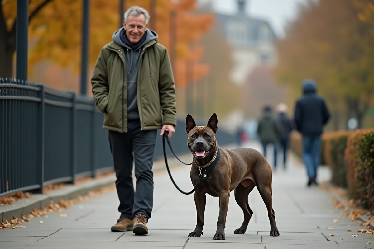 Propriétaire promenant un American Staffordshire Terrier en ville, assurance chien pour race classée à risques