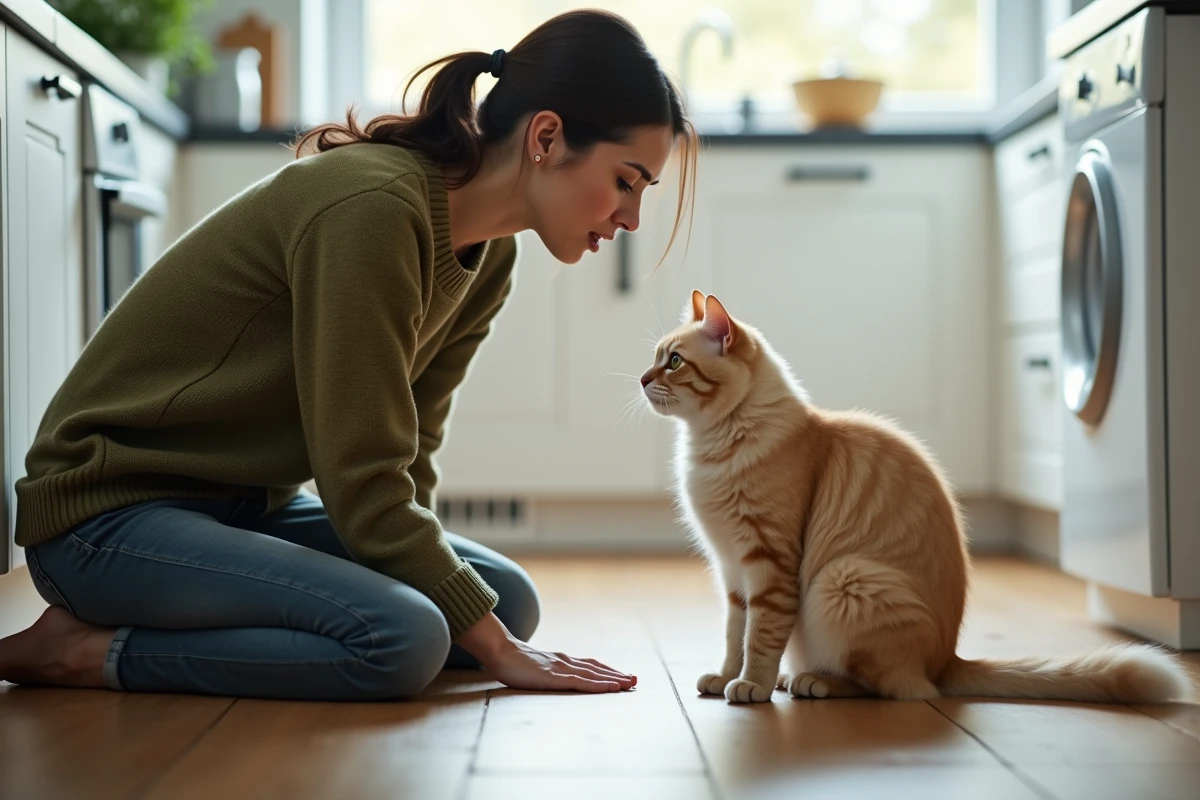Femme inquiète examinant son chat persan blanc aux oreilles basses sur le sol d'une cuisine moderne, évoquant la vigilance face aux vomissements de mousse