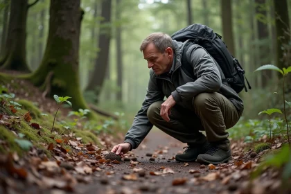 Homme en randonnée observant des déjections de sangliers dans la forêt