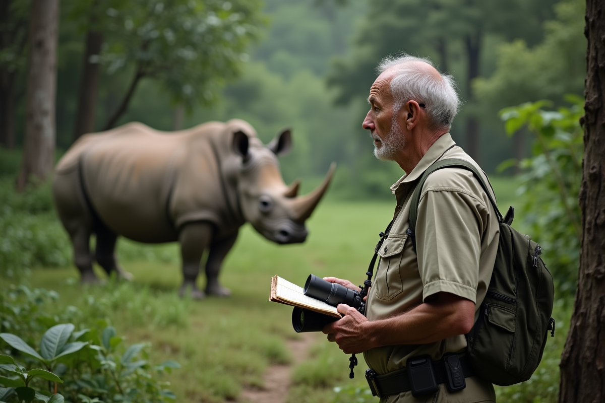Randonneur observant un rhinoceros dans la forêt