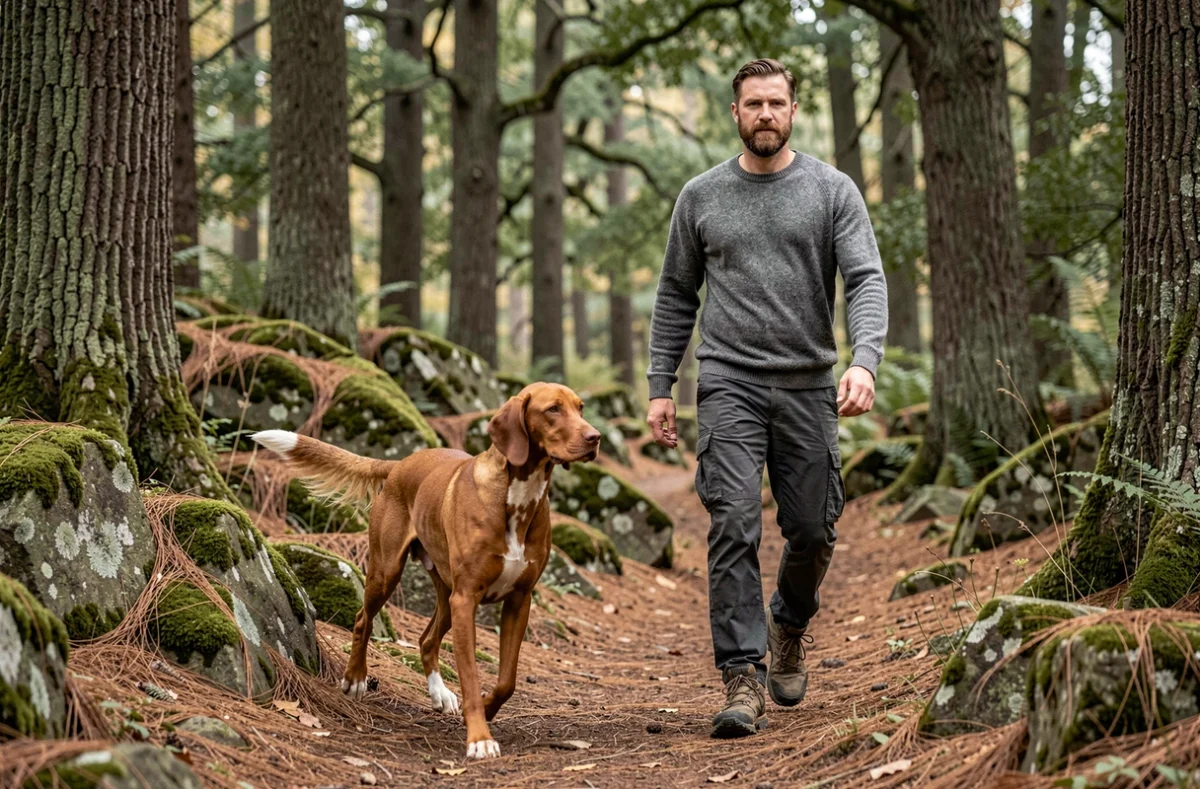 Red Coonhound en balade en forêt avec son maître, montrant un chien socialisé et équilibré lors d'une promenade en nature