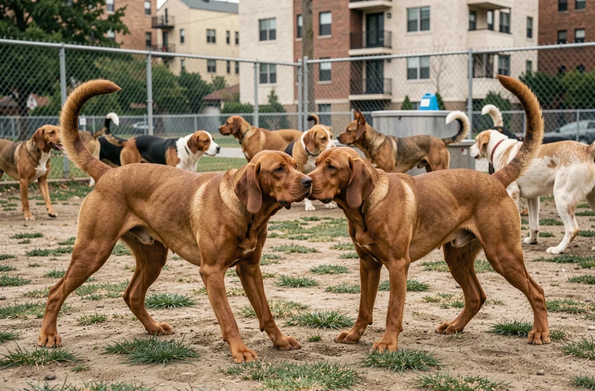 Deux Red Coonhounds en interaction sociale dans un parc canin urbain, exemple de socialisation entre chiens de même race