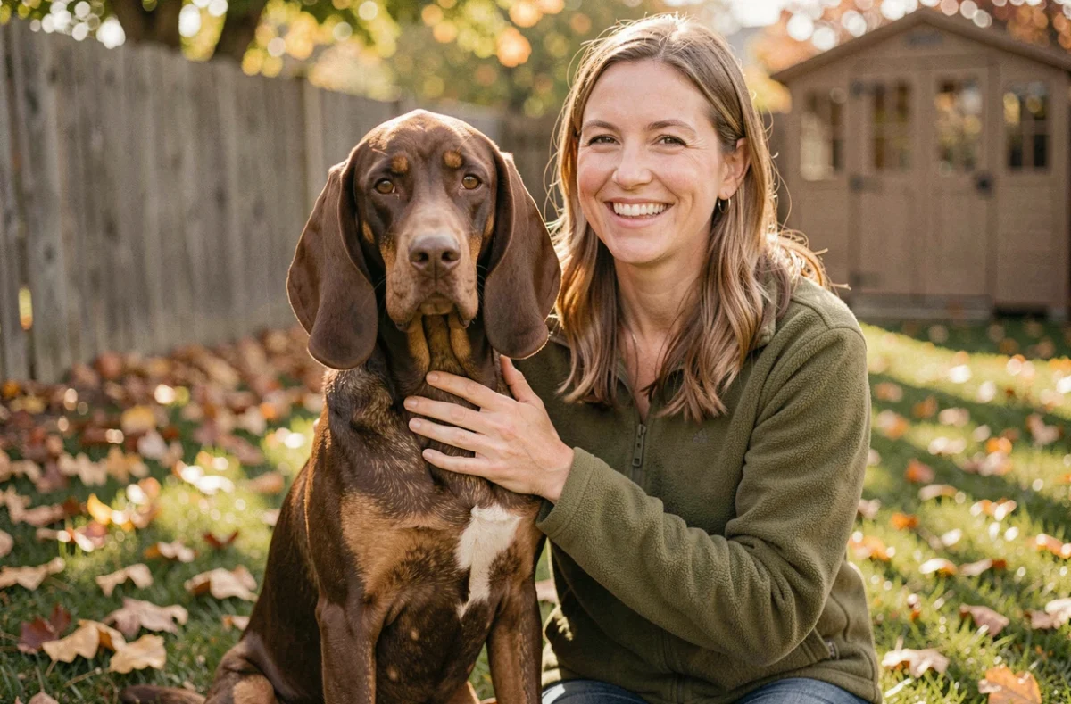 Red Coonhound assis calmement aux côtés de sa propriétaire dans un jardin en automne, illustrant la socialisation réussie du chien