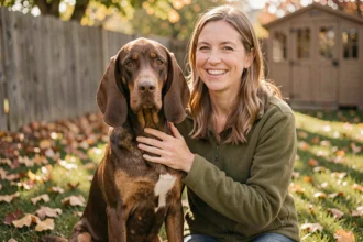 Red Coonhound assis calmement aux côtés de sa propriétaire dans un jardin en automne, illustrant la socialisation réussie du chien
