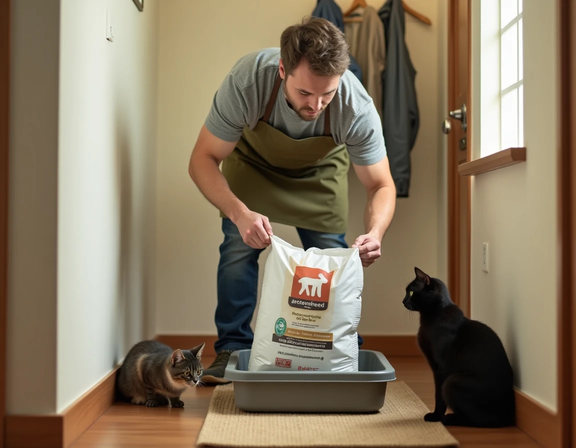 Personne remplissant un bac à litière grande taille avec un sac de litière économique entourée de plusieurs chats