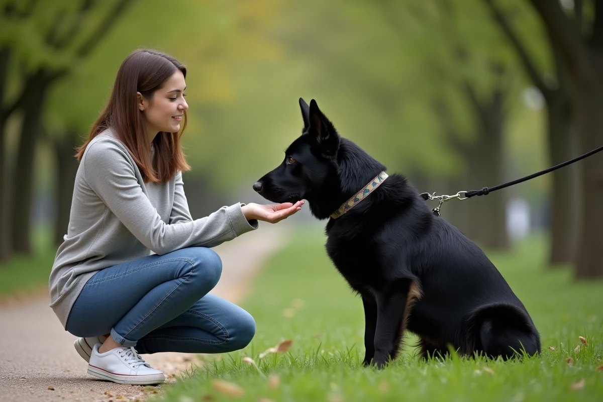 Femme rencontrant un Berger Suisse Noir en laisse dans un parc lors d'une première rencontre avant adoption